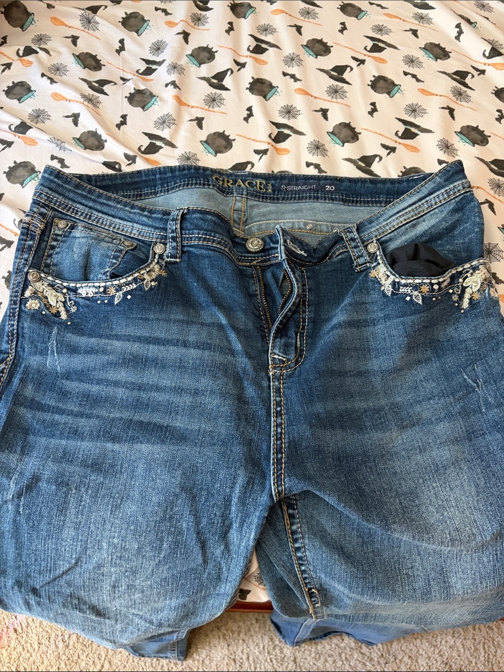 Grace in LA Blue Straight Leg Jeans with Embellished Pockets Size 20 - Picture 3 of 10